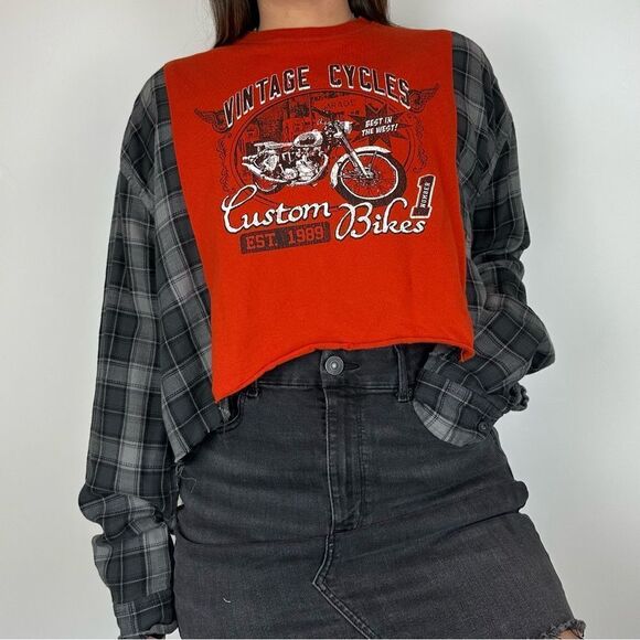 Reworked Upcycled Vintage Motorcycle Orange Long Sleeve Plaid Shirt Top - Picture 2 of 4